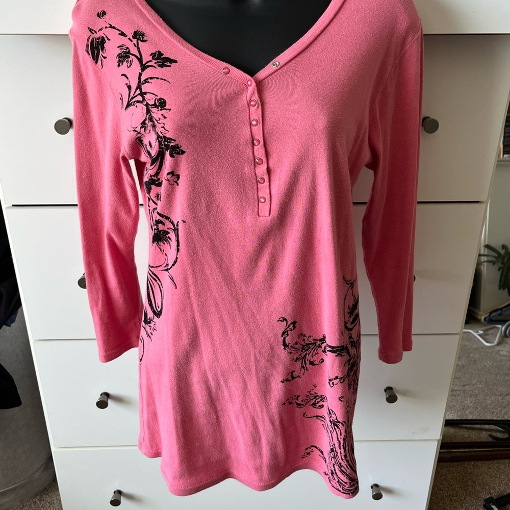 Roper Pink shirt with Black Floral Design and bling Cross